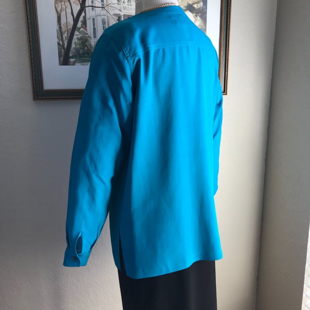 Valerie Stevens Petite Pure Silk Turquoise Blouse - Size PM - Picture 5 of 14